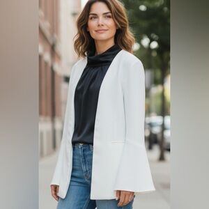 NWT Doe & Rae,  Silky White Open Front Bell Sleeve Blazer. Size‎ Large